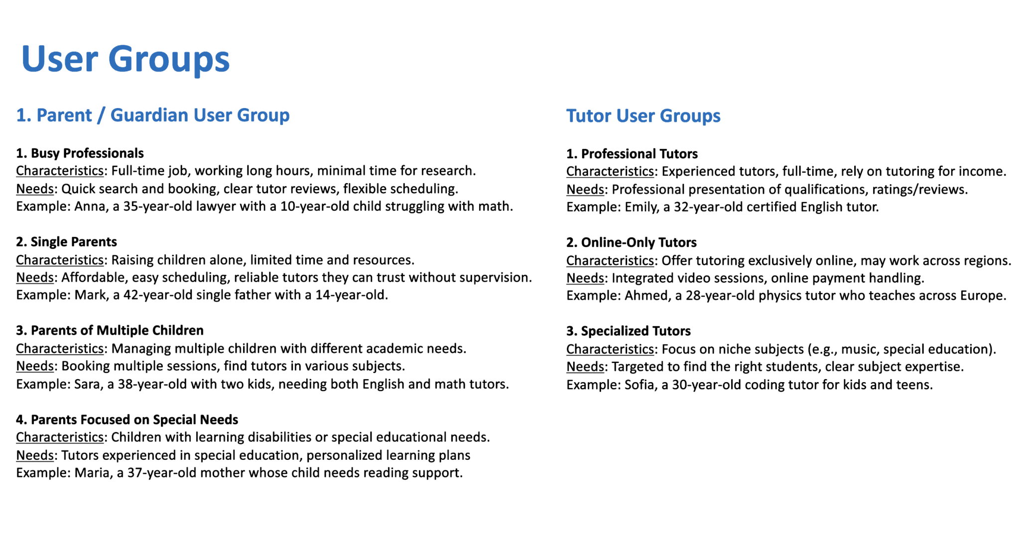 User Groups — Parents and Tutors
